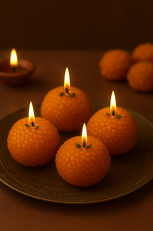 Motichur Laddu Soy Wax Candles Gift Set - Eco-Friendly, Hand-Poured, Decorative Diwali & Festive Gifts - Set of 6
